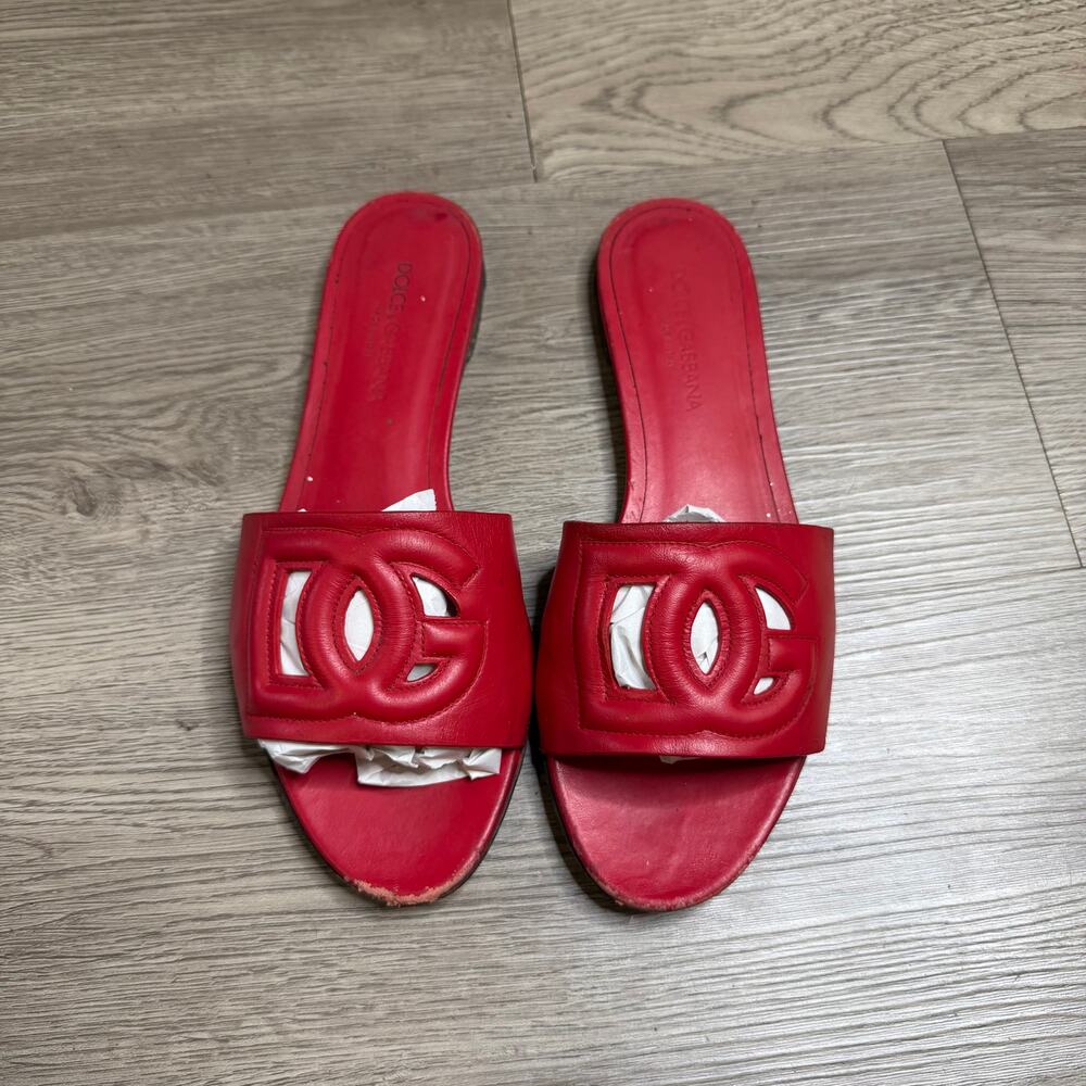 Dolce & Gabbana Bianca Leather Sliders with DG Logo Red